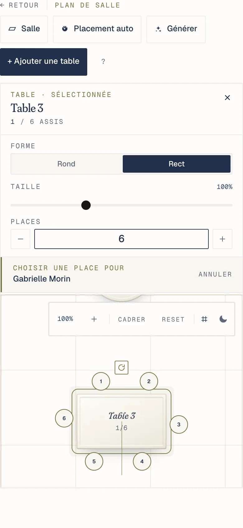 Sur un téléphone, les places autour de la table prêtes à être choisies
