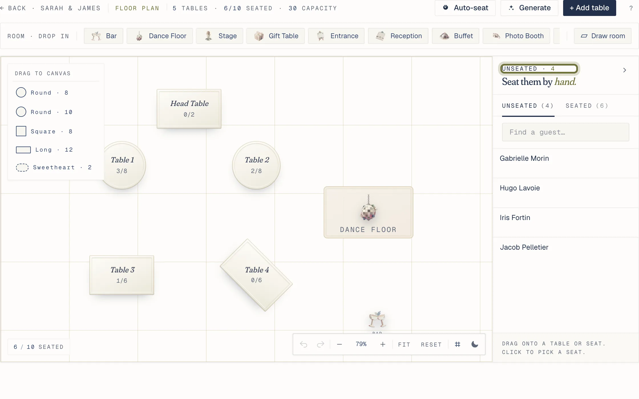 The floor plan on a computer: tables on the canvas and the Unseated list on the right