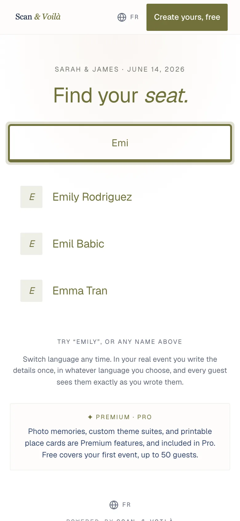 The guest page on a phone, with the name search open