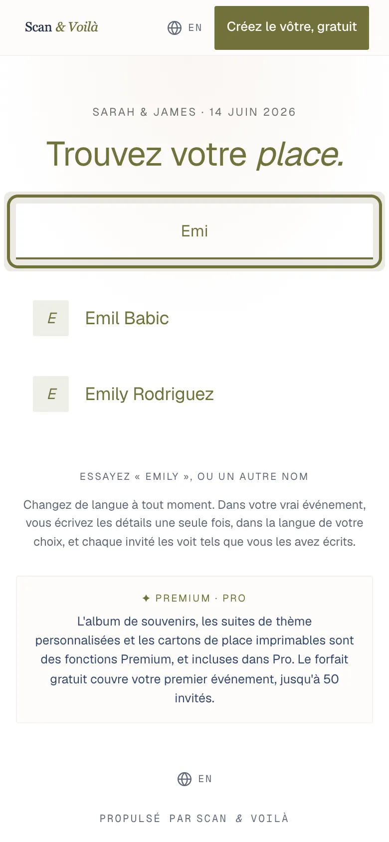 La page invité sur un téléphone, avec la recherche de nom ouverte