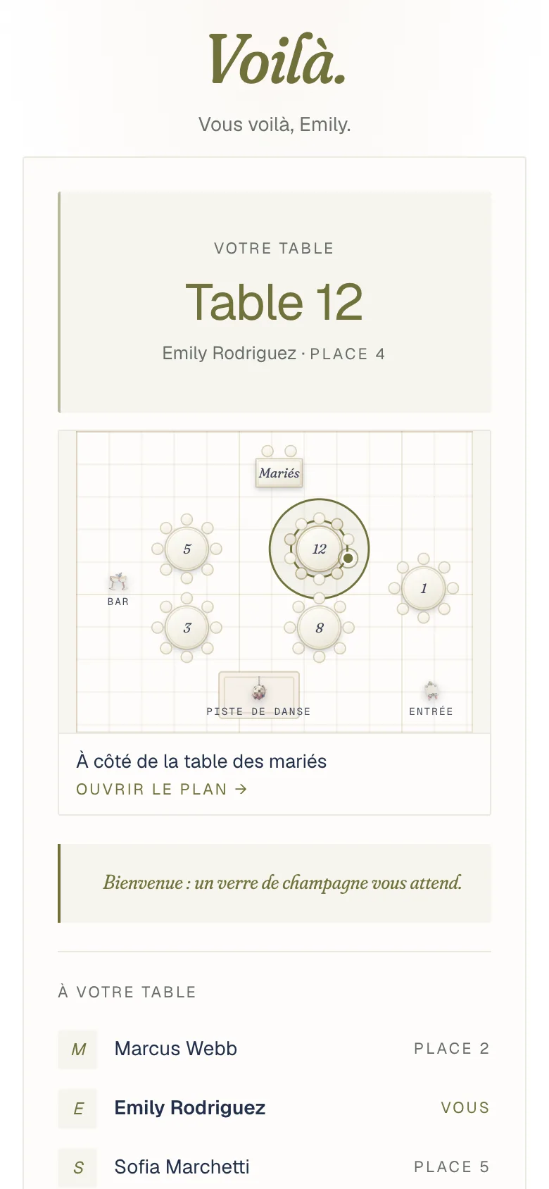Une fiche de place montrant le numéro de table, la place et un petit plan de salle où la table est entourée