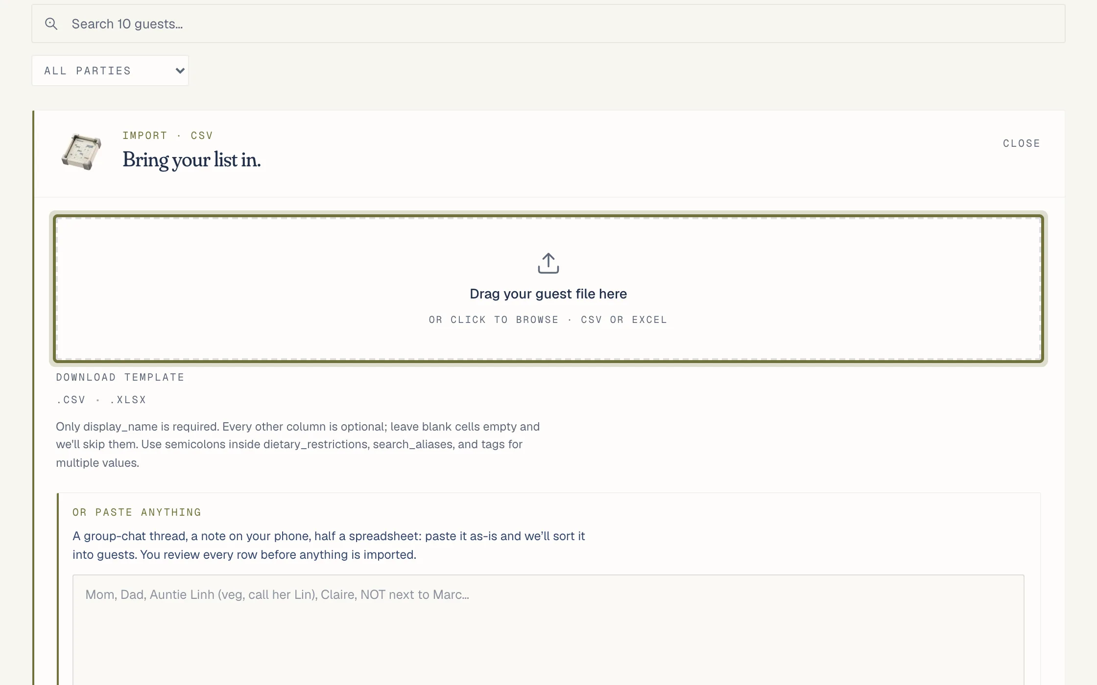 The import panel on the Guests page: a drop zone for a CSV or Excel file, template downloads, and the paste-anything box below