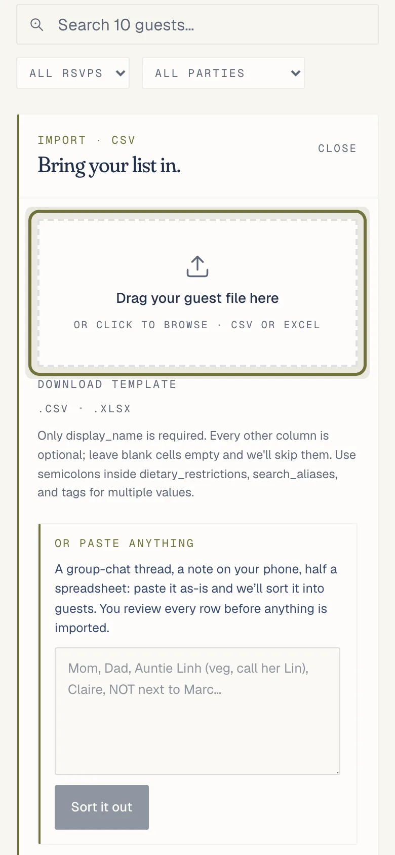 The import panel on the Guests page: a drop zone for a CSV or Excel file, template downloads, and the paste-anything box below