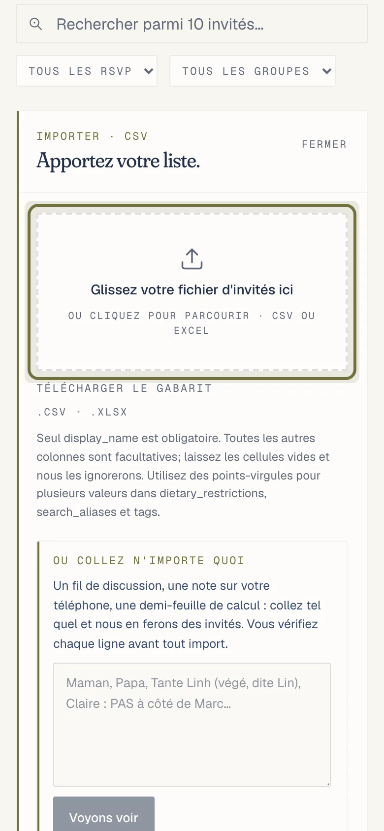 Le panneau d’import sur la page Invités : une zone de dépôt pour un fichier CSV ou Excel, les modèles à télécharger et la zone « collez n’importe quoi » dessous