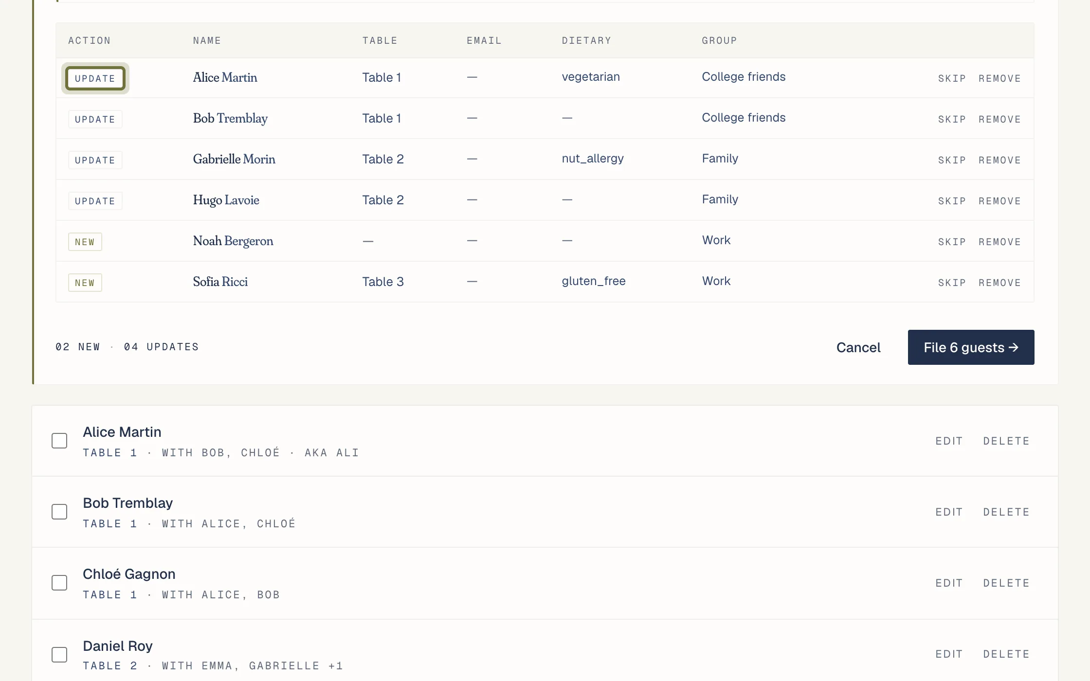 The import review list, with rows marked new or update before anything is saved