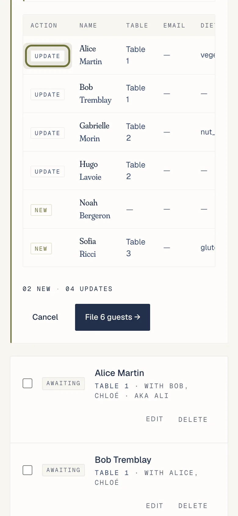 The import review list, with rows marked new or update before anything is saved