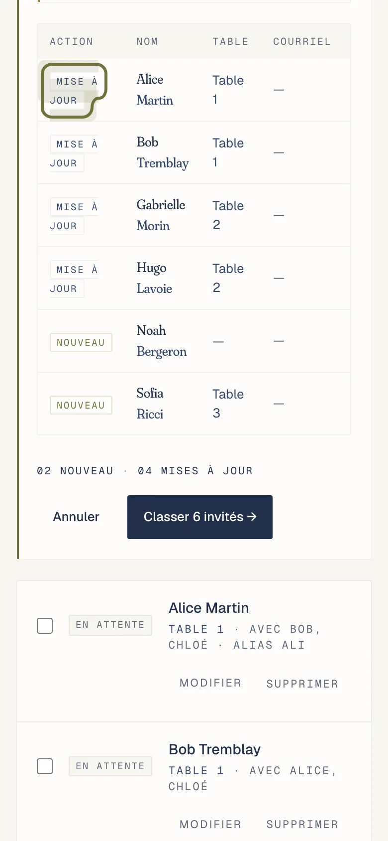 La liste de révision de l’import, avec des lignes marquées nouveau ou mise à jour avant tout enregistrement