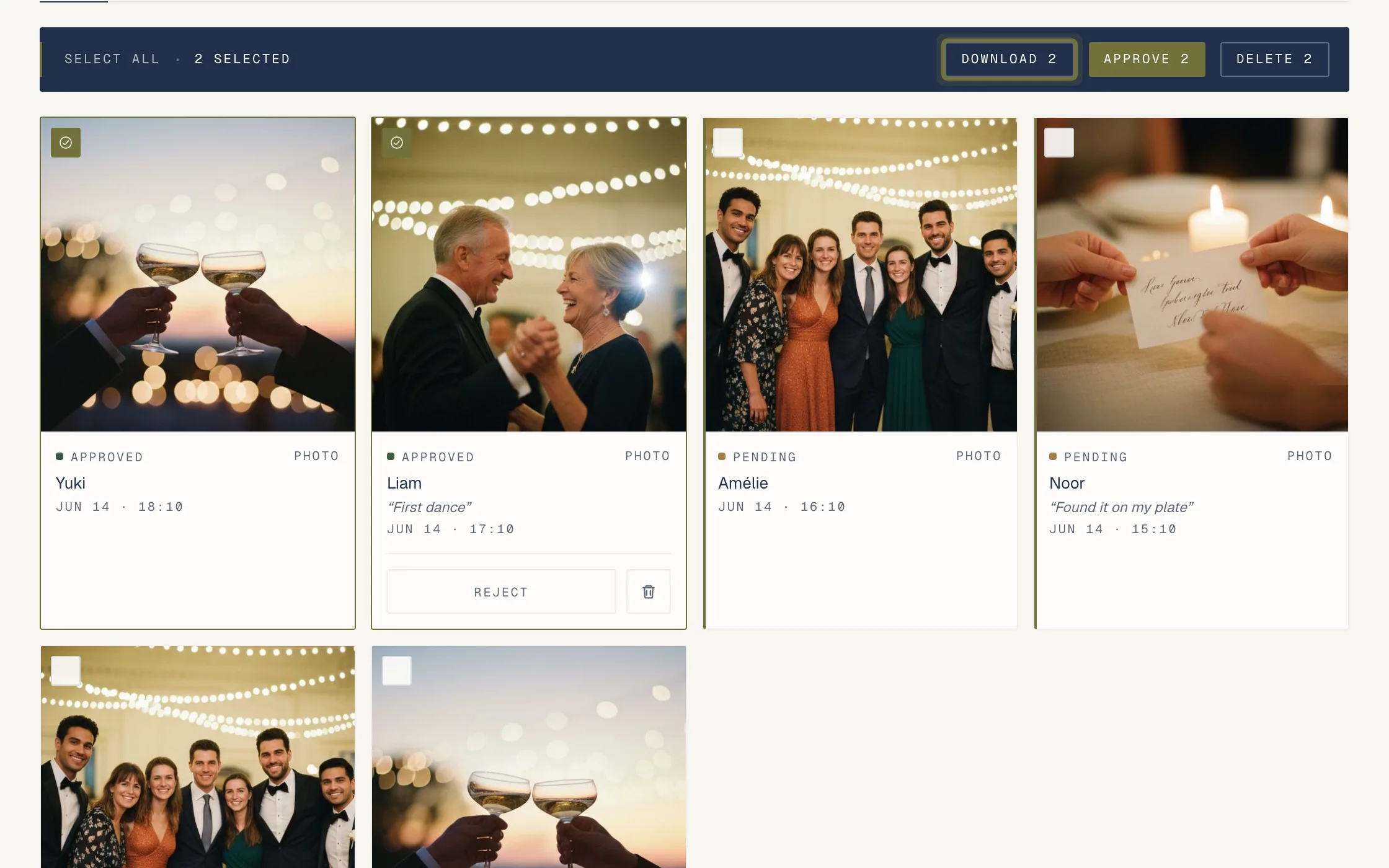 The Memories page with photos selected and the Download button in the bulk bar