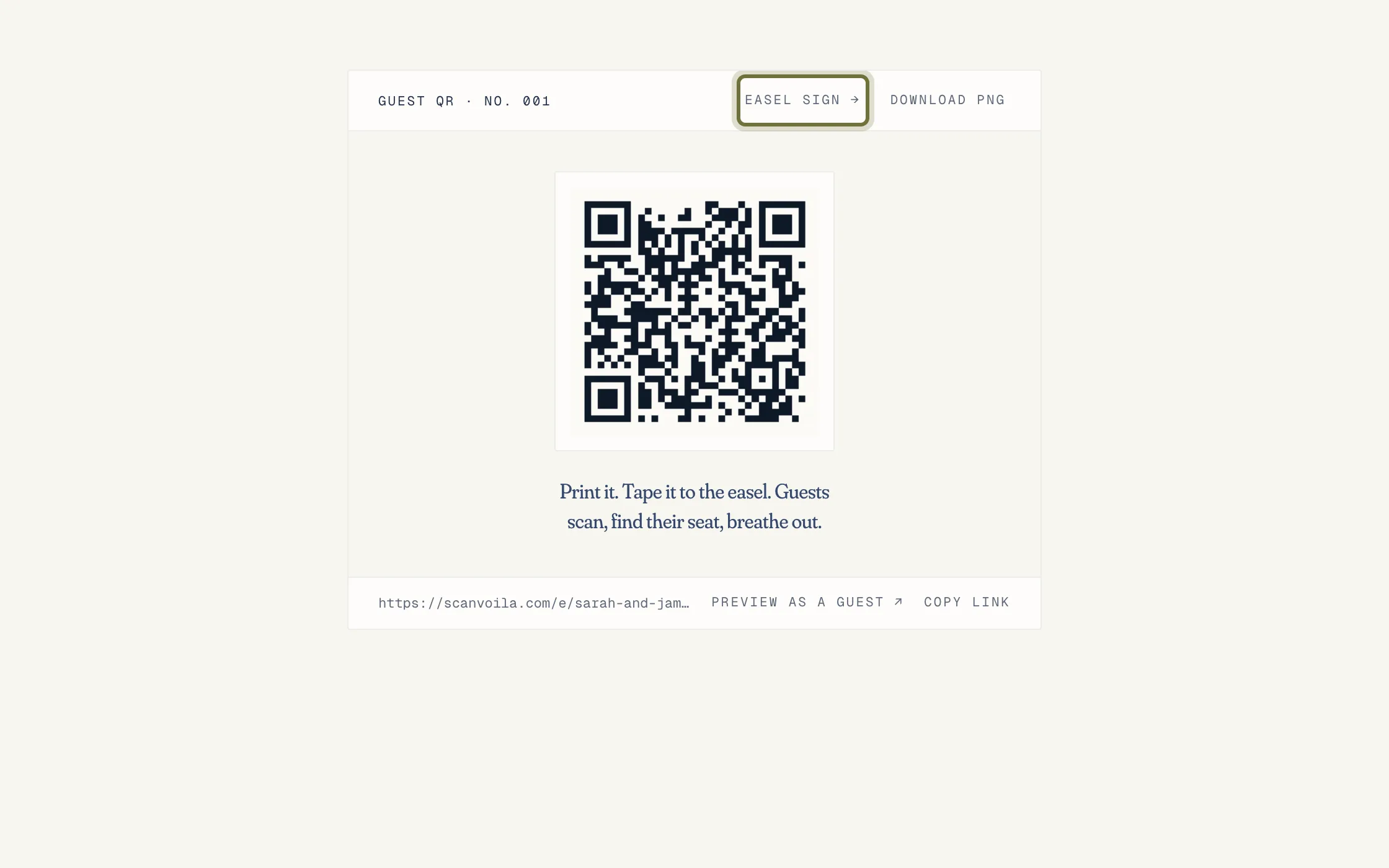 The QR card on the event overview, with Preview as a guest, Easel sign, and Download PNG in its header