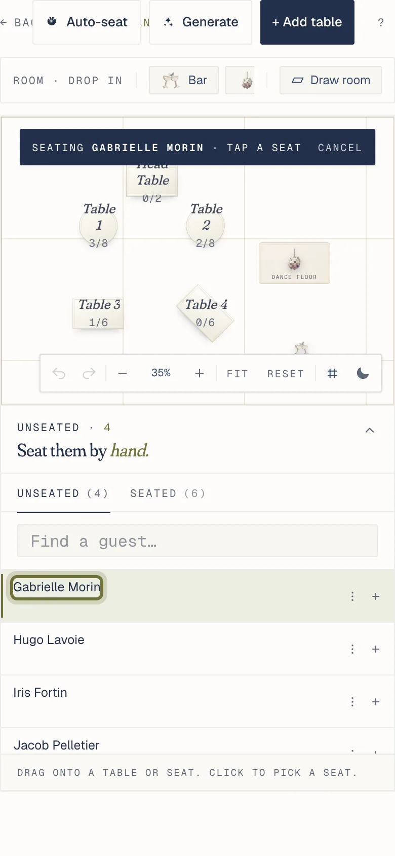 On a phone, a guest selected in the Unseated list