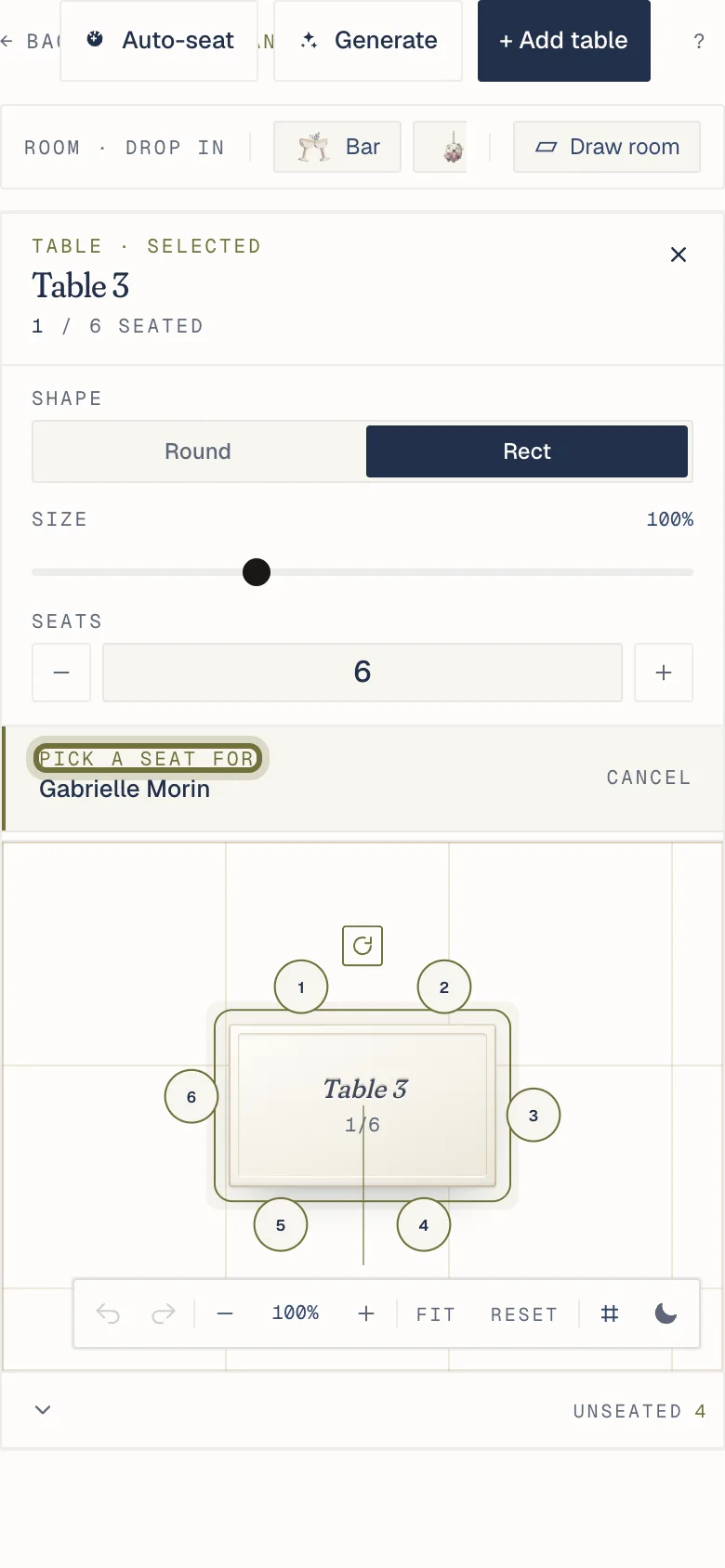 On a phone, the table panel open with “Pick a seat for” the chosen guest