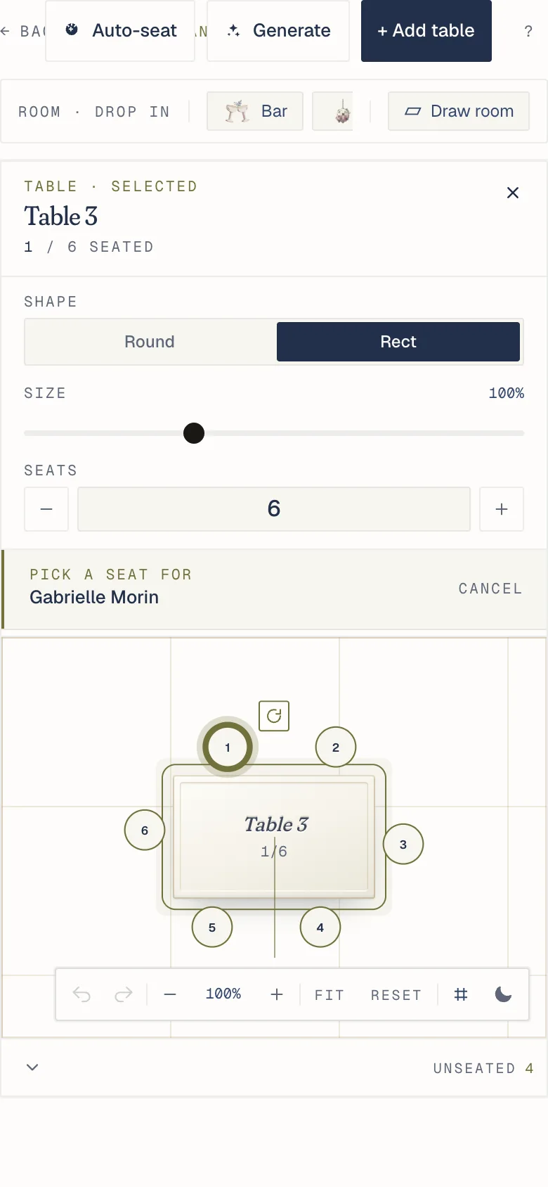 On a phone, the seat dots around the table ready to be tapped